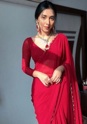 Maroon Printed Blended Saree Set