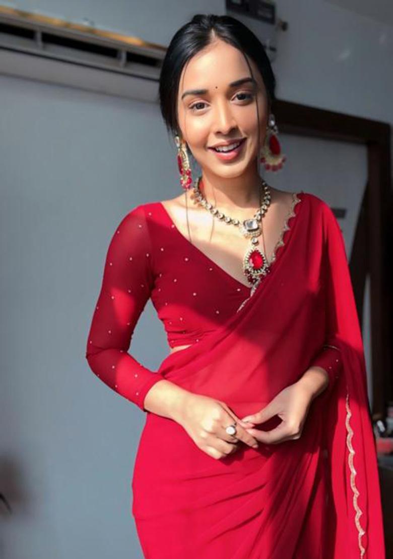 Maroon Printed Blended Saree Set - Indya