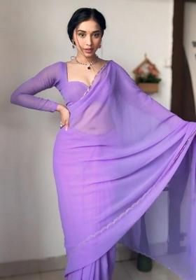 Lavender Printed Blended Saree Set