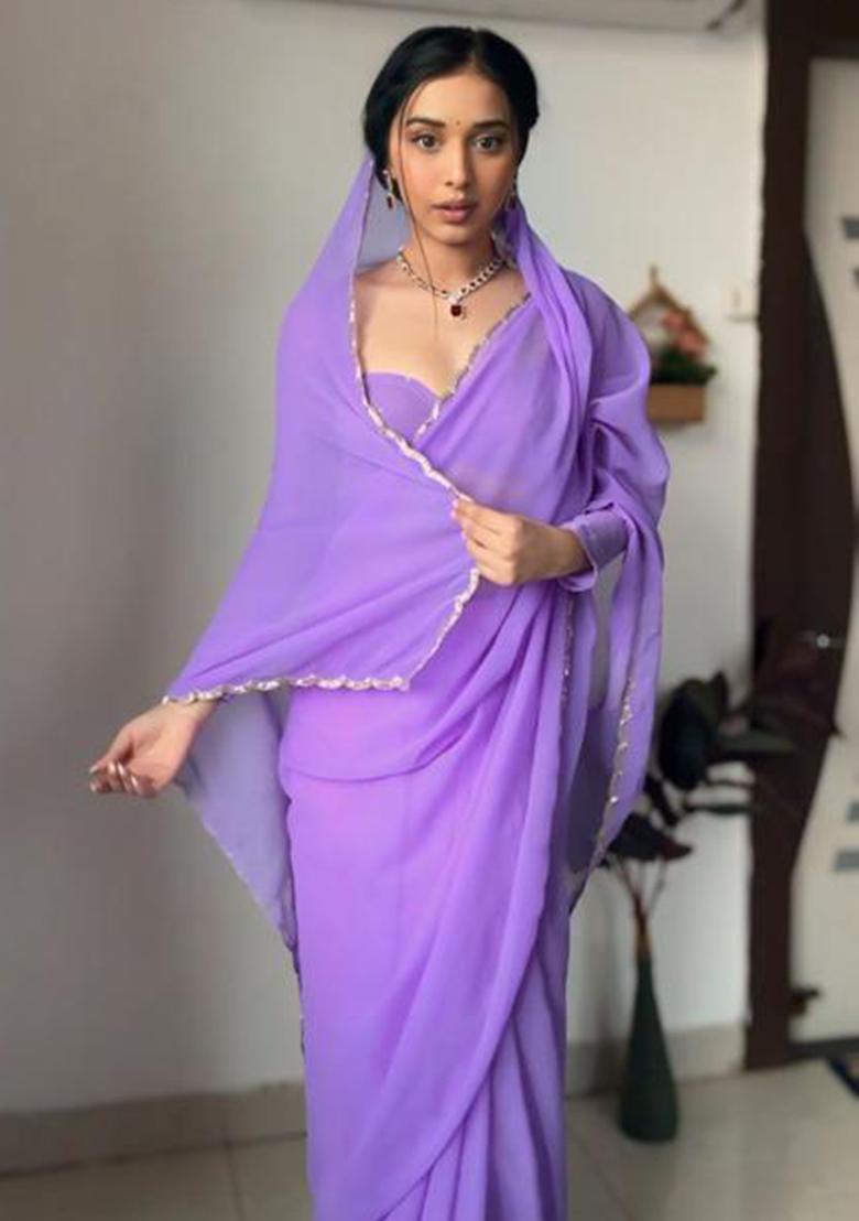 Lavender Printed Blended Saree Set - Indya