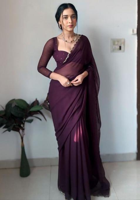 Purple Printed Blended Saree Set