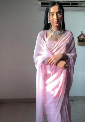 Pink Printed Blended Saree Set