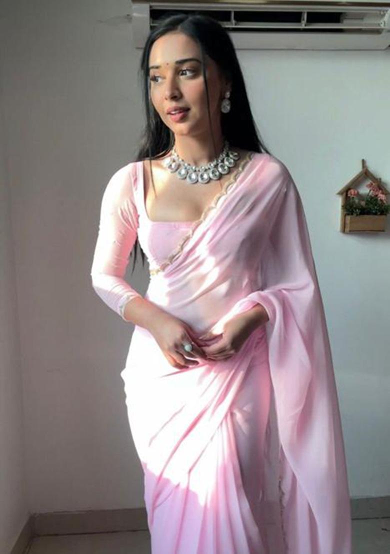 Pink Printed Blended Saree Set - Indya