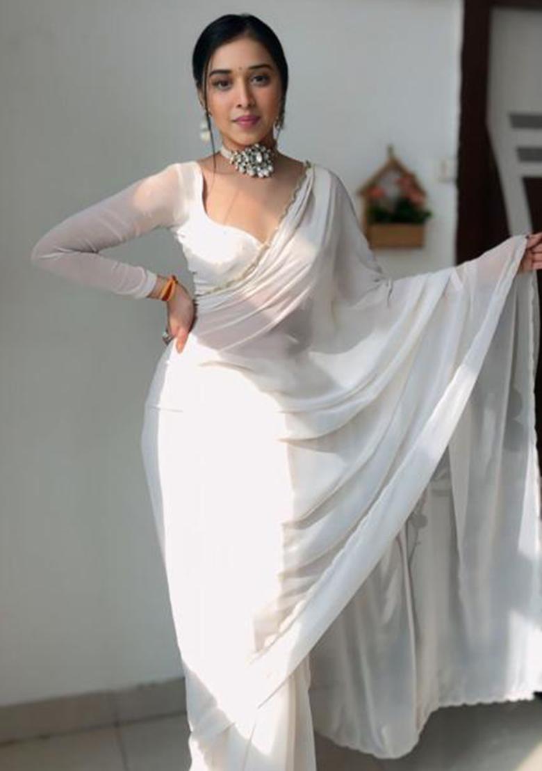 White Printed Blended Saree Set - Indya