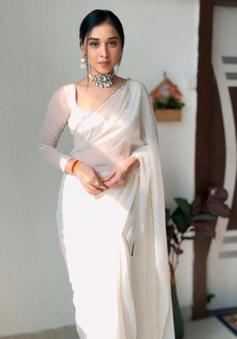 White Printed Blended Saree Set