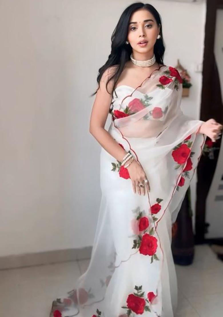 White Printed Blended Saree Set - Indya