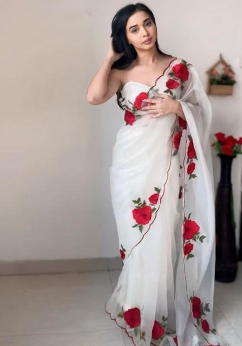 White Printed Blended Saree Set