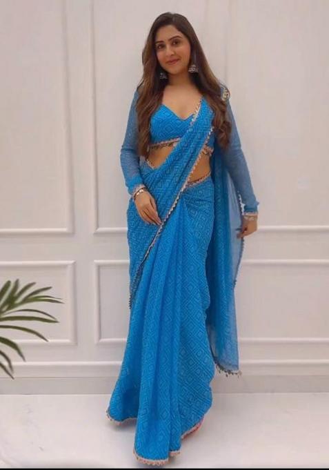 Multicolor Printed Blended Saree Set