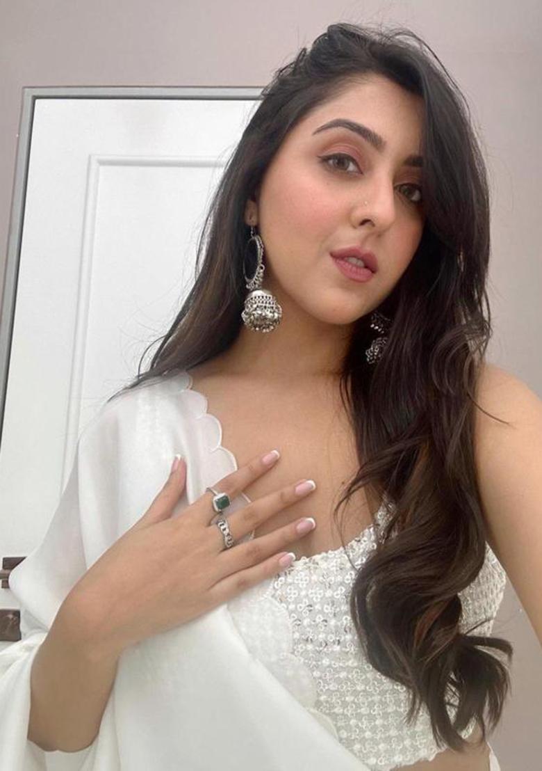 White Printed Blended Saree Set - Indya