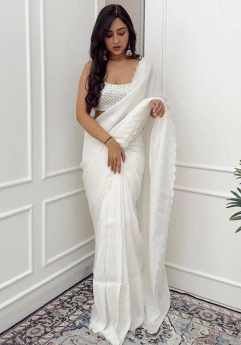 White Printed Blended Saree Set