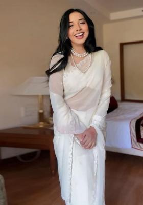 White Printed Blended Saree Set