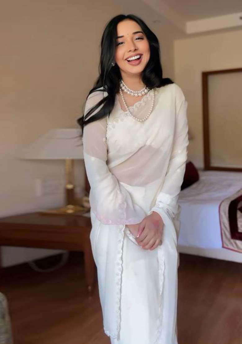 White Printed Blended Saree Set - Indya