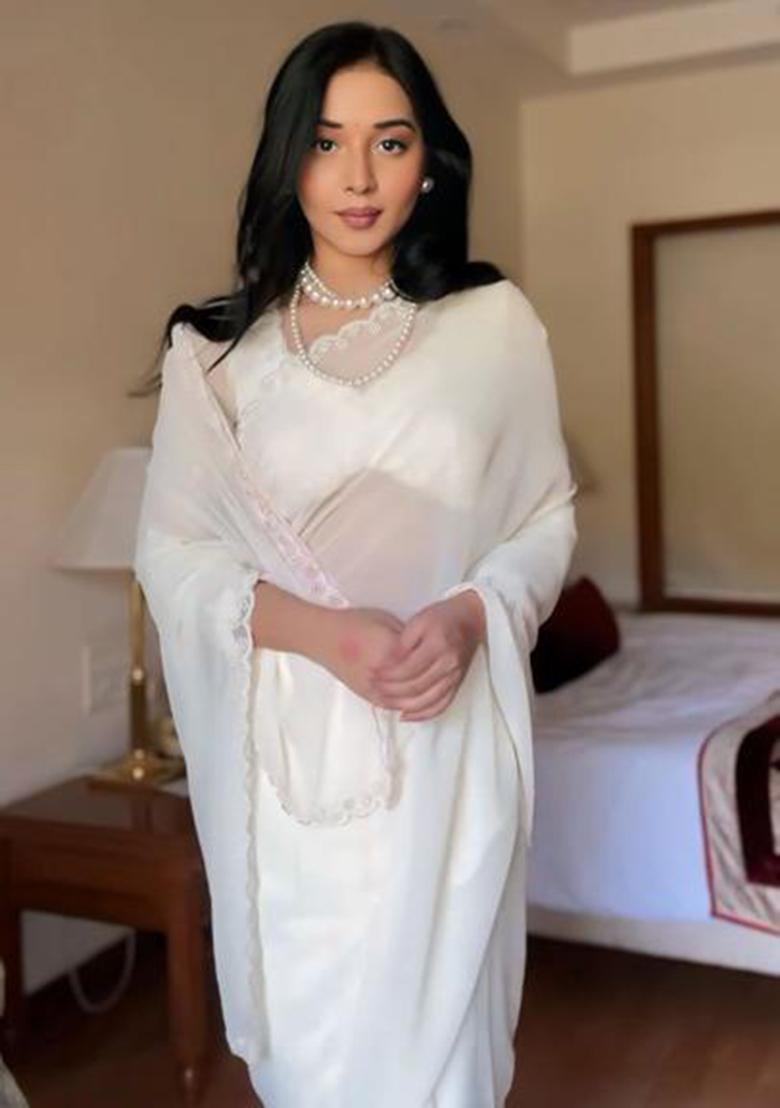 White Printed Blended Saree Set - Indya