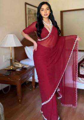Maroon Printed Blended Saree Set