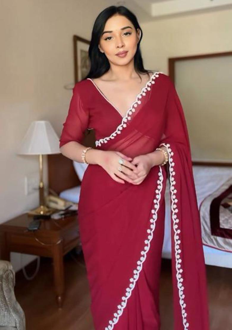Maroon Printed Blended Saree Set - Indya