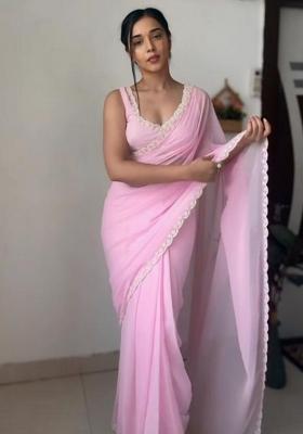 Pink Printed Blended Saree Set