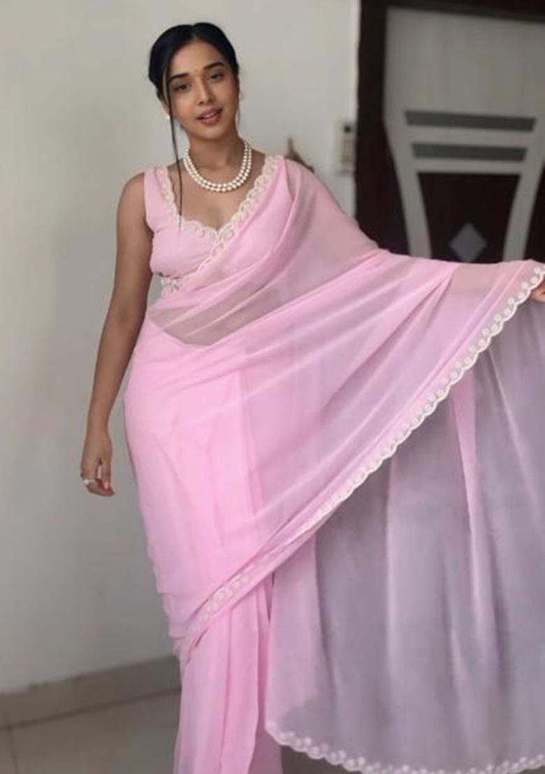Pink Printed Blended Saree Set - Indya