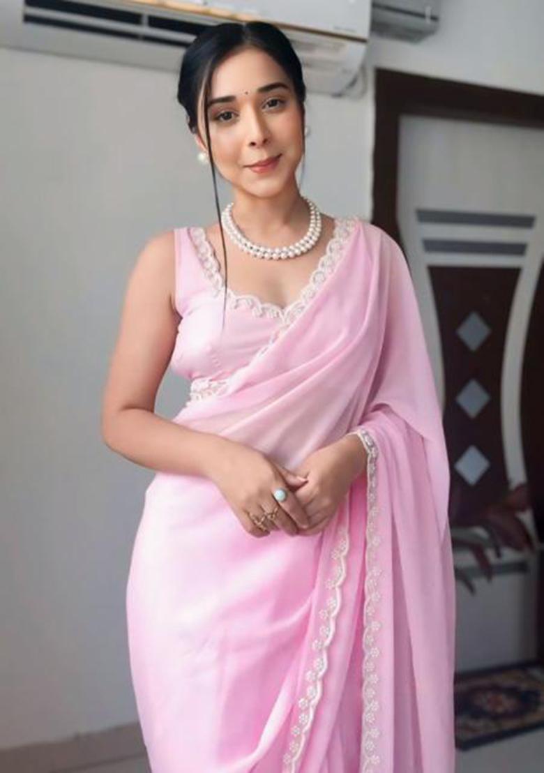 Pink Printed Blended Saree Set - Indya