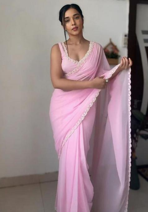 Pink Printed Blended Saree Set