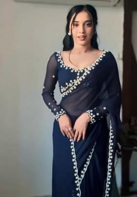 Navy Blue Printed Blended Saree Set
