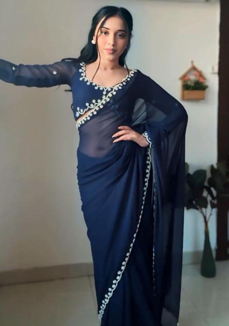 Navy Blue Printed Blended Saree Set - Indya
