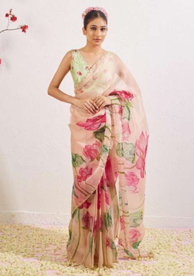 Light Pink Printed Blended Saree Set - Indya