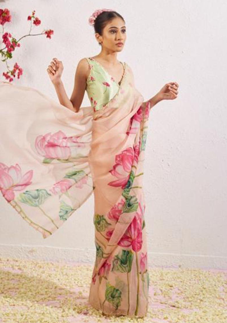 Light Pink Printed Blended Saree Set - Indya