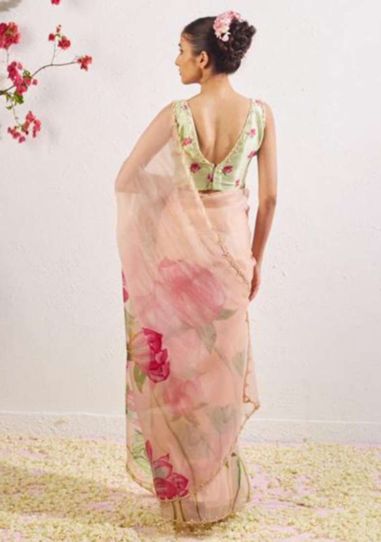 Light Pink Printed Blended Saree Set - Indya