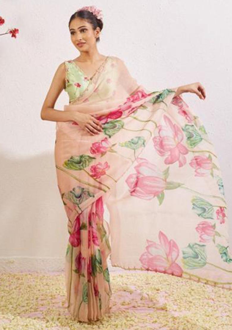 Light Pink Printed Blended Saree Set - Indya