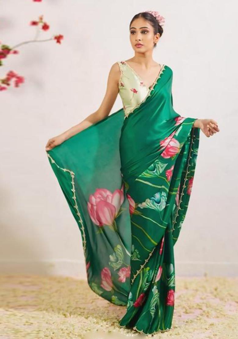Green Printed Blended Saree Set - Indya
