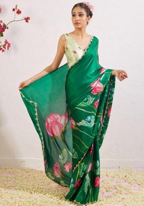Green Printed Blended Saree Set