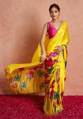 Yellow Printed Blended Saree Set