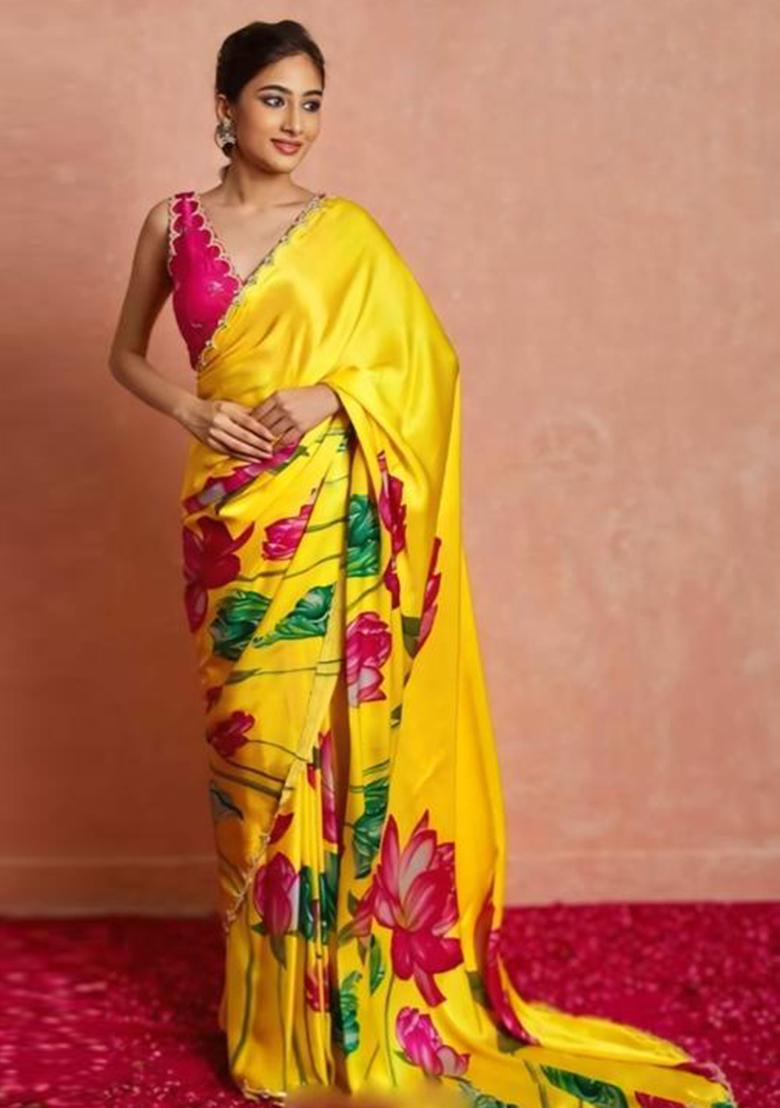 Yellow Printed Blended Saree Set - Indya