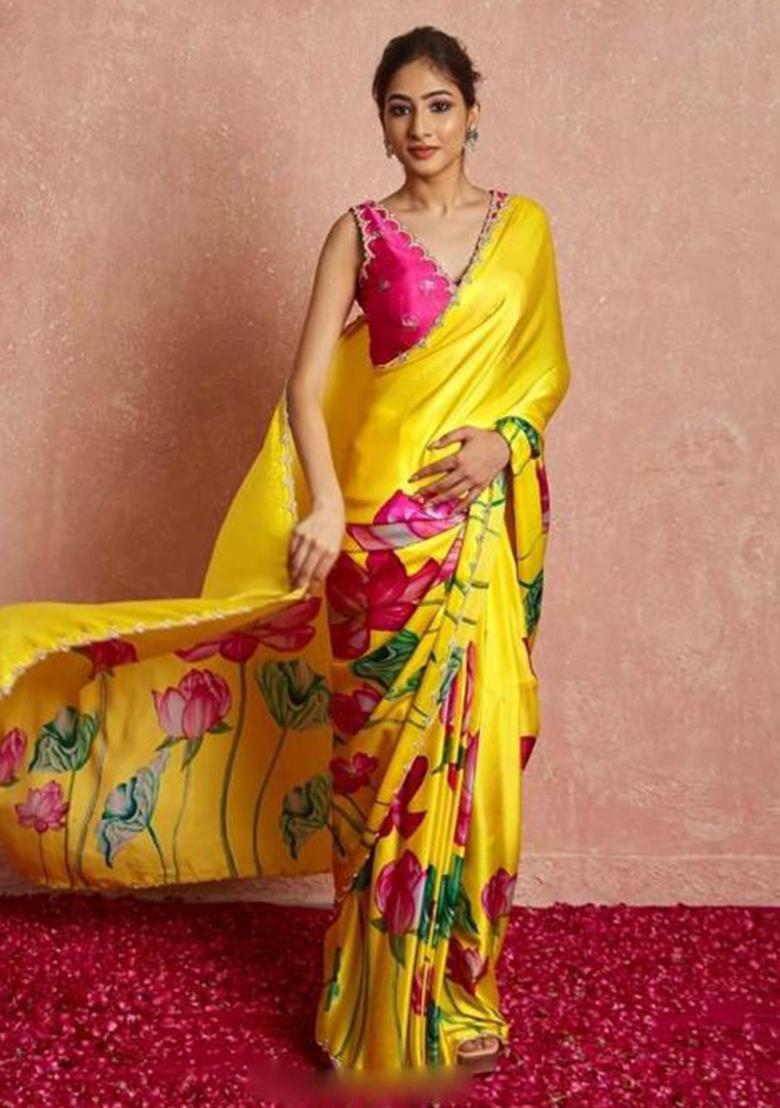 Yellow Printed Blended Saree Set - Indya