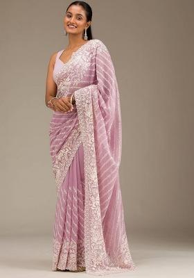 Purple Printed Blended Saree Set