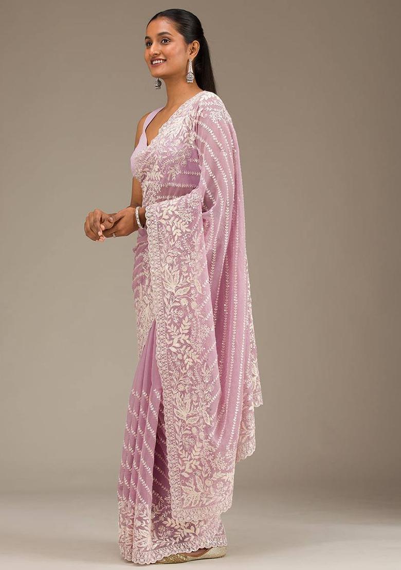 Purple Printed Blended Saree Set - Indya