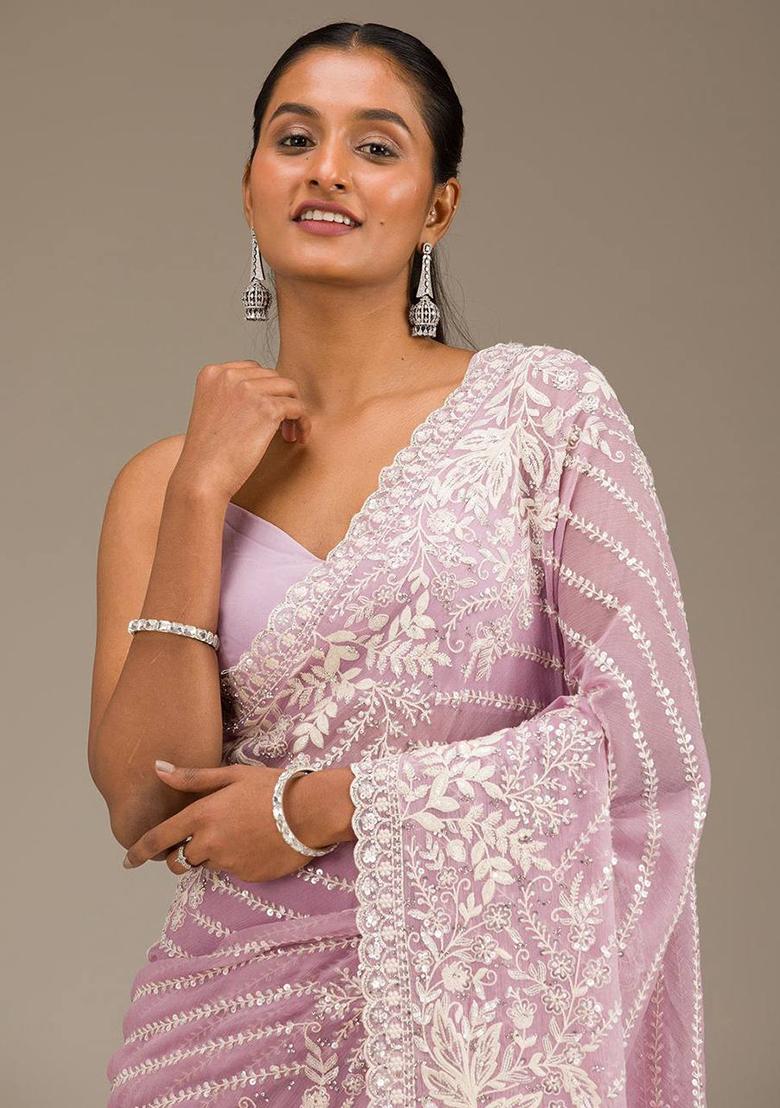 Purple Printed Blended Saree Set - Indya