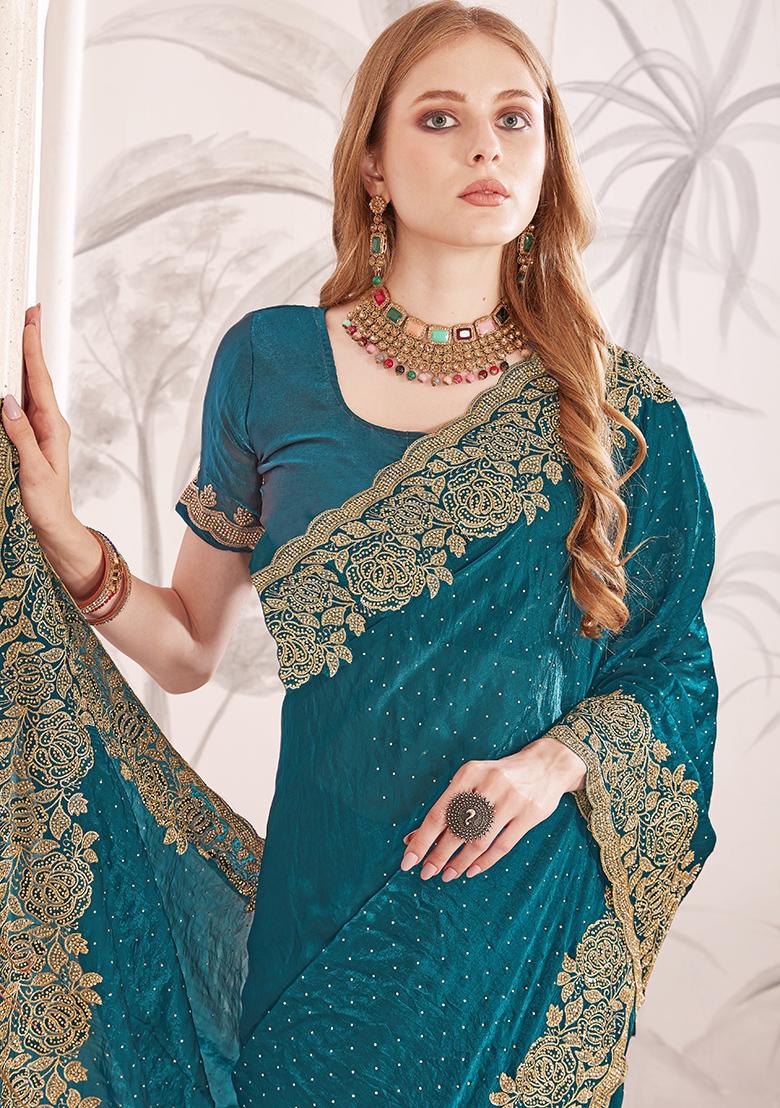 Morpeach Embroidered Silk Saree Set - Indya