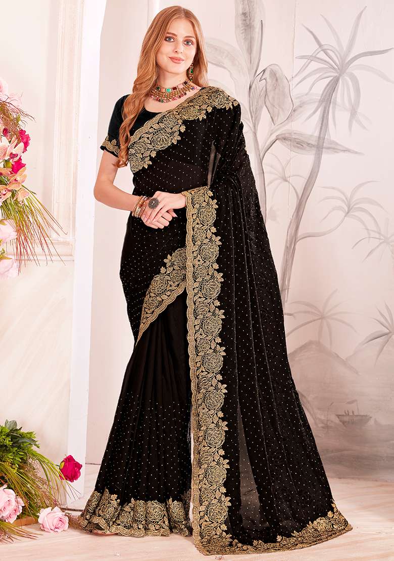 Black Embroidered Silk Blend Saree Set for Diwali and Festive Wear - Indya