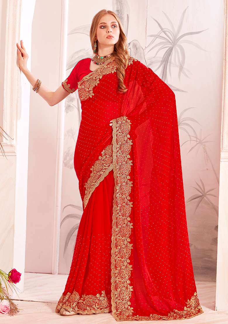 Red Silk Blend Saree Set with Embroidered for Diwali | Wedding & Festive Wear - Indya