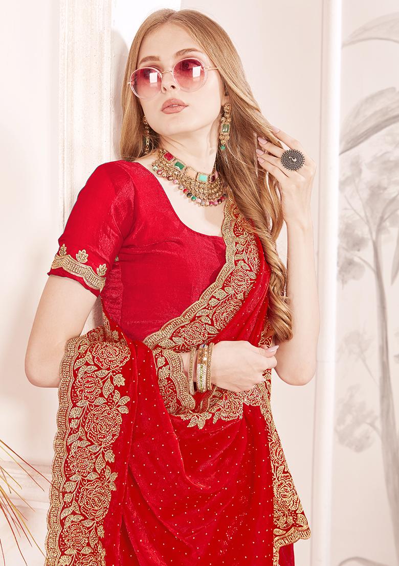 Red Embroidered Silk Saree Set - Indya