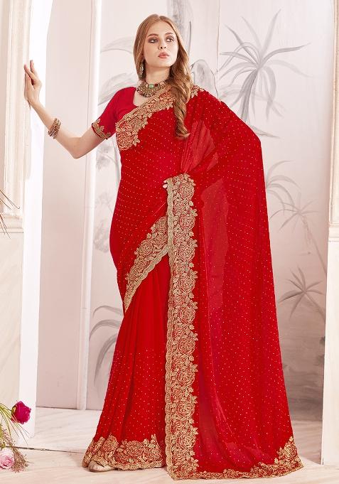 Red Embroidered Silk Saree Set