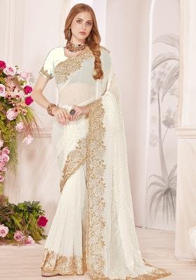 White Embroidered Silk Saree Set