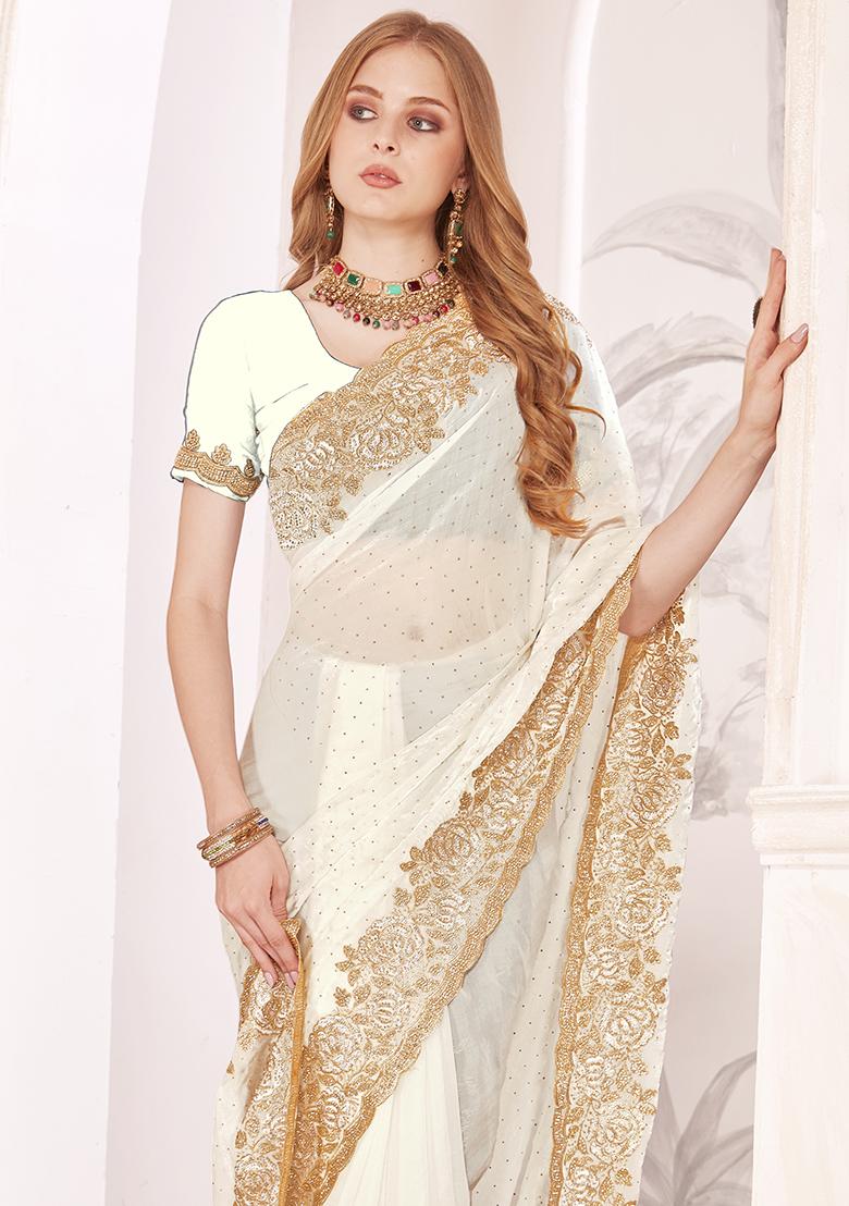 White Embroidered Silk Saree Set - Indya