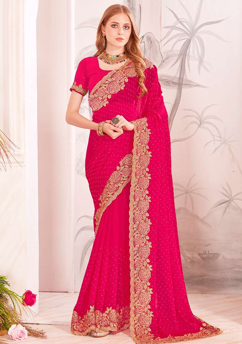 Rani Silk Blend Saree Set with Embroidered for Diwali | Wedding & Festive Wear - Indya