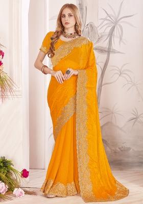 Mustard Embroidered Silk Saree Set