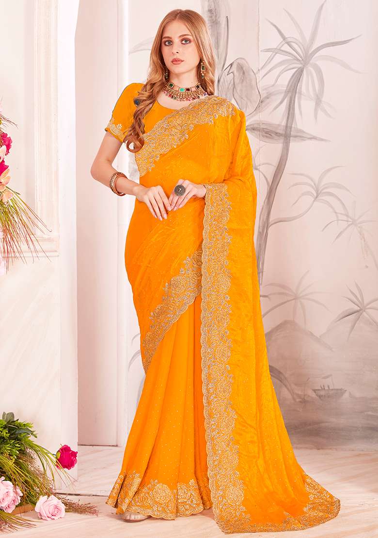 Mustard Embroidered Silk Blend Saree Set for Diwali and Festive Wear - Indya