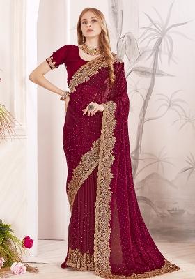Maroon Embroidered Silk Saree Set