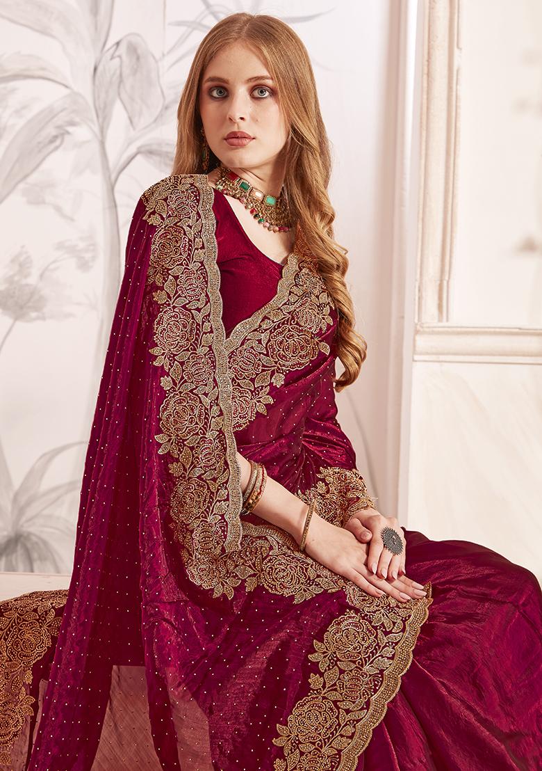 Maroon Embroidered Silk Saree Set - Indya
