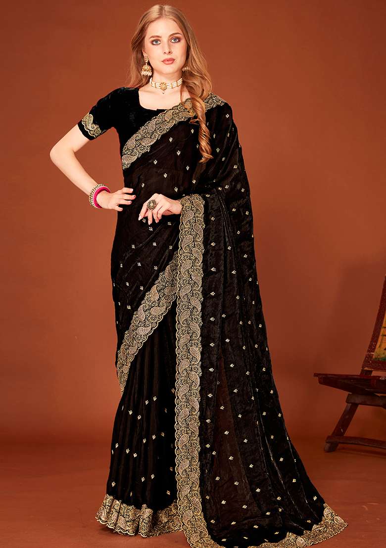 Black Silk Blend Saree Set with Embroidered for Diwali | Wedding & Festive Wear - Indya